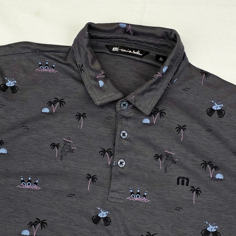 Travis Mathew Polo Shirt Mens XL Grey Novelty Tropical Palm Tree Pima Cotton